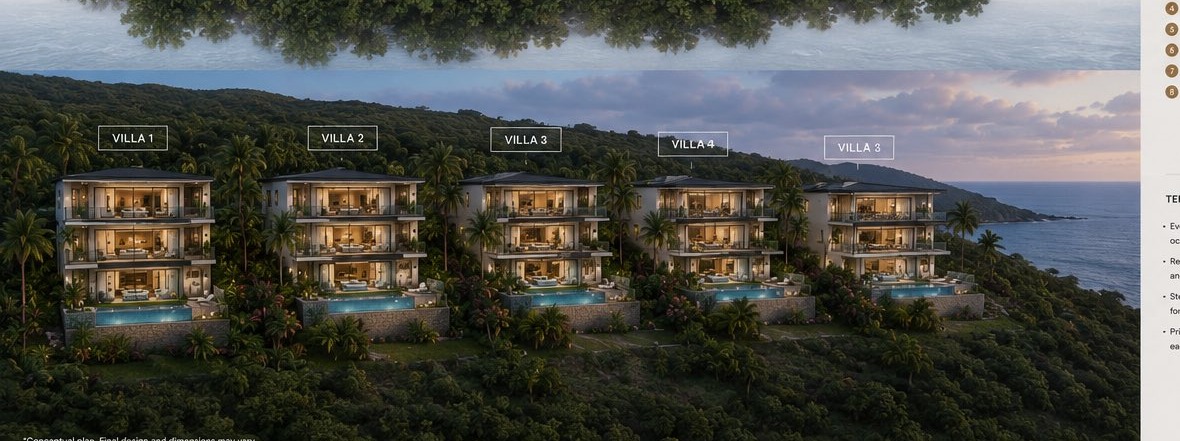Aerial view of five luxury hillside villas overlooking the Pacific